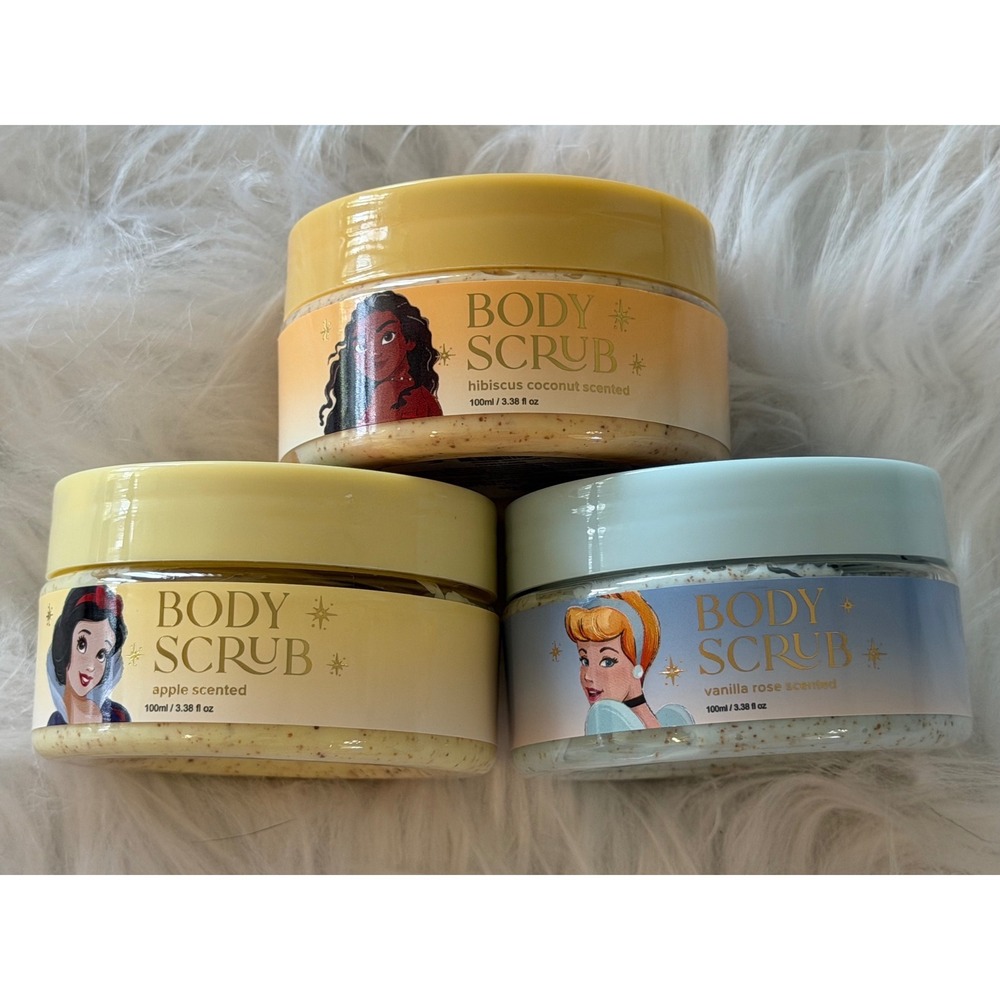 Disney Princess Body Scrub Set Apple Hibiscus Coconut Vanilla Rose 3 Pack 3.38oz